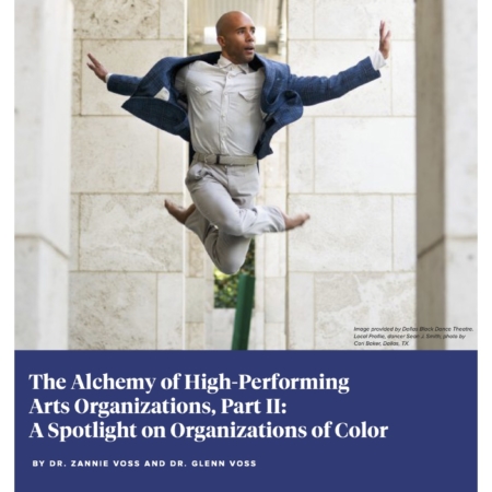 Cover of report with title in white and blue, featuring a photo of a person with brown skin, bald head, and in a blue blazer and office-style clothing leaping in the air in a dancing pose